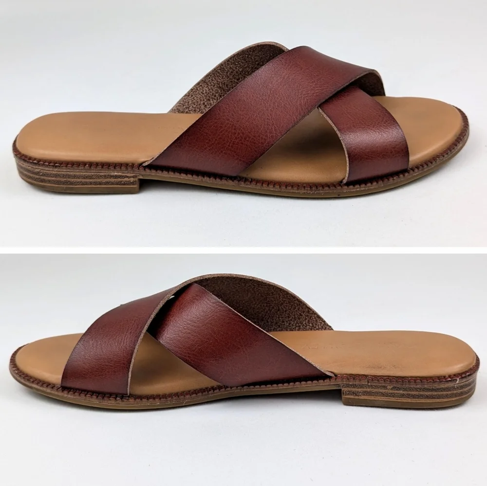 Cynthia Rowley Libra Sandals Wide Strap Criss Cross Vegan Boho Rustic Cognac 6.5